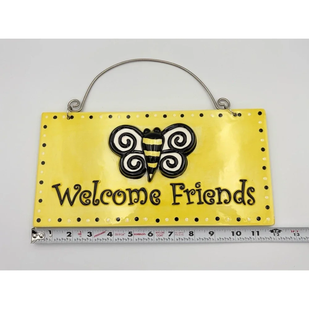 MSC 3D Bee Welcome Friends Sign Ceramic Wall Plaque Yellow Black Home Decor